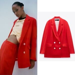 NWOT ZARA Oversized Double Breasted Red Blazer Sz XS